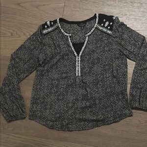 Lucky Brand Black and White Embellished Long Sleeve Blouse